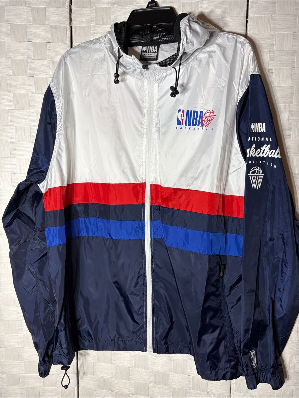 NBA Colorblock Windbreaker Jacket in White, Navy & Red